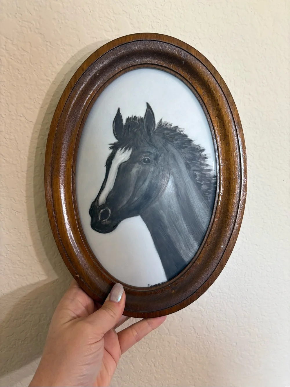 Original Framed Black Horse Portrait on Ceramic Plate with Wooden Frame - Signed